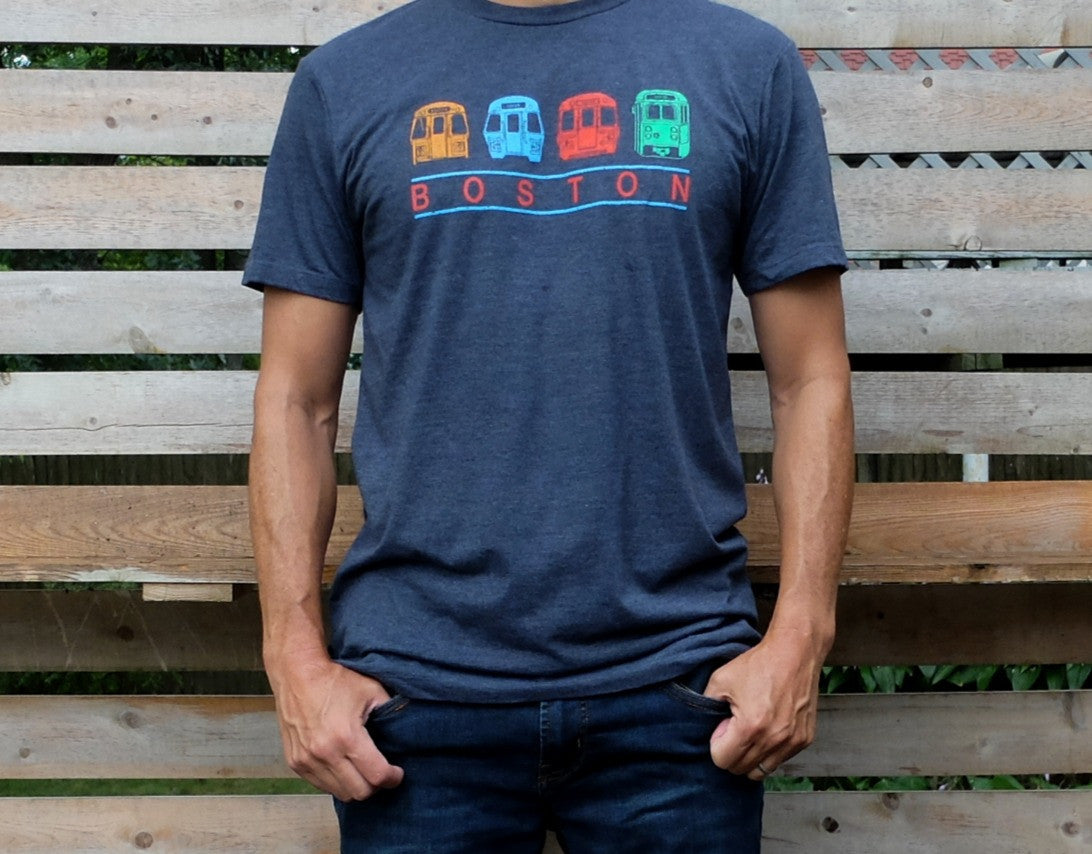Adult Boston Train and Trolley Banner T-Shirt - Heather Navy
